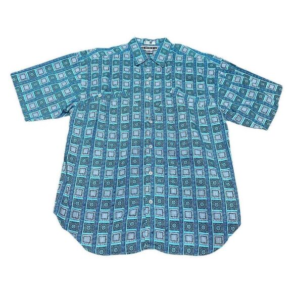 Vintage Geometric Linen Mens Amric Button Up Shirt Size M Blue Geometric Tribal - Picture 1 of 4